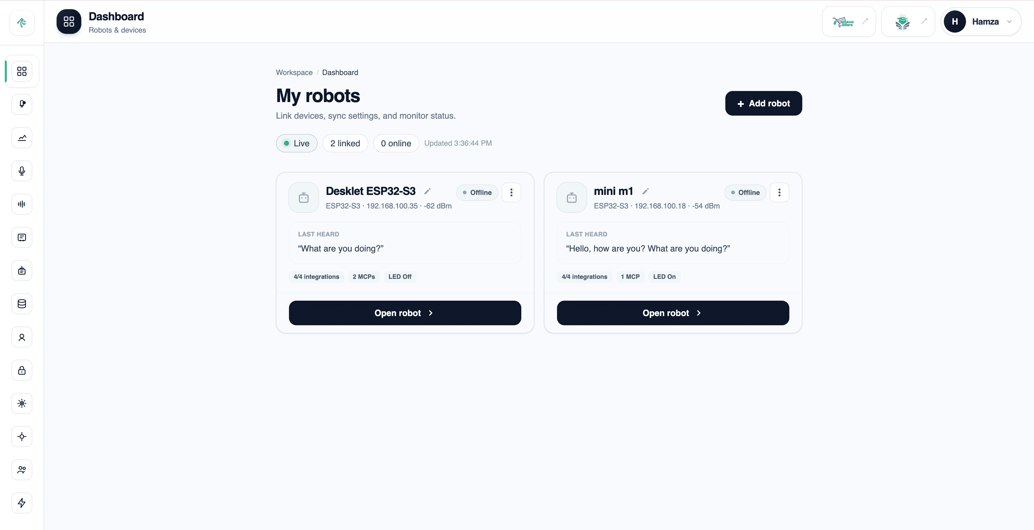 Desklet OS dashboard showing linked robots Mini M1 and Desklet ESP32-S3